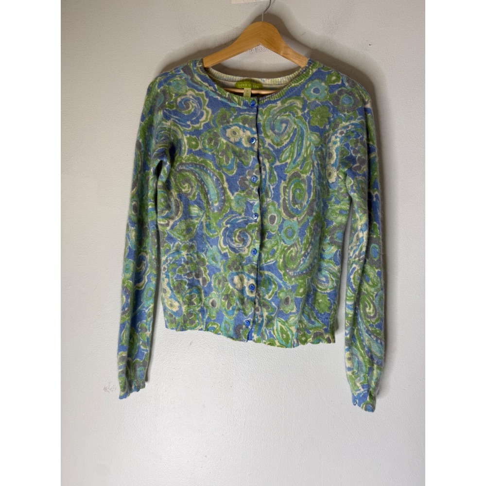 Sigrid Olsen 100% Cashmere Cardigan Blue Green Paisley Floral Sweater Womens M